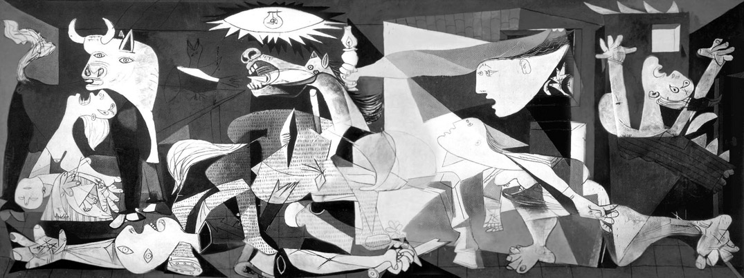 Pablo Picasso (1881-1973), "Guernika". El artista pinta en blanco y negro, con una variada gama de grises, el símbolo de todos los males o sufrimientos que la guerra inflige a los humanos.