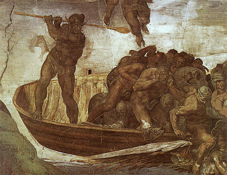 Miguel Angel (1475–1564): “El Juicio Final: La barca de Caronte”. Los elegidos son atraídos por la fuerza de Cristo; mientras que los impíos son condenados y les espera Caronte, que los tira al río del Infierno desde su barca.