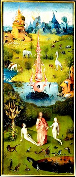 Jerónimo Bosch, El Bosco (1450-1516), “La creación del hombre”. Poniendo en su arte perfección técnica y calidad de dibujo, presenta con imaginación y originalidad el paraíso terrenal en que aparecen Dios, Adán desnudo sentado y Eva arrodillada.