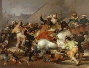 Francisco de Goya (1746-1828): “Carga de los Mamelucos”. El 2 de mayo de 1808 el pueblo de Madrid se levanta enfurecido contra los mamelucos (traidos por Napoleón de Egipto). La dureza de la escena será representada por Goya en su cuadro, que es ya un juicio histórico verídico, además de una magnífica obra de arte.