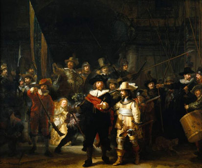 Rembrandt Harmenszoon van Rijn (1606-1669): “Ronda militar”. Los personajes están dispuestos en varios planos de profundidad, realizando acciones diversas que llenan de dinamismo la escena, la cual incluye niños, perros y mirones. Consigue un acorde de rojos, amarillos y negros con el poder sugestivo del claroscuro. Rembrandt pinta un grupo