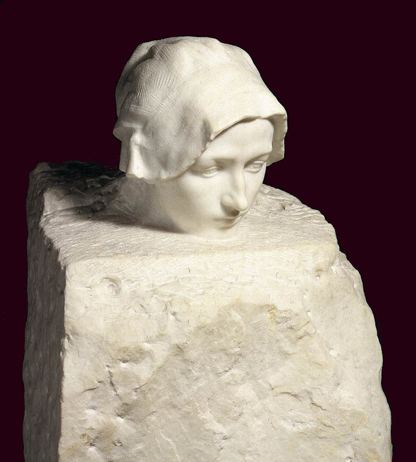 Rodin: “Tougth” (1886). Cuando Rodin comenzó a modelar en mármol un retrato de Camille Claudel, al llegar al cuello se detuvo: la cabeza que emerge del bloque era suficiente para un símbolo: el pensamiento emergiendo de la naturaleza.
