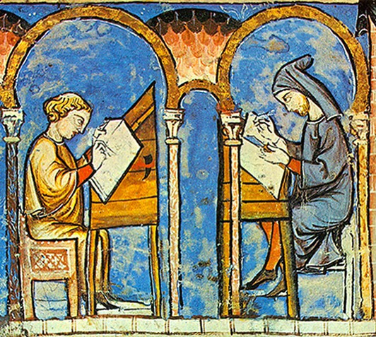 Miniatura del manuscrito "Crónica de Esapaña" de Alfonso X, el Sabio.(Monasterio de El Escorial, Madrid). Los monjes copistas transmitían el saber antiguo.