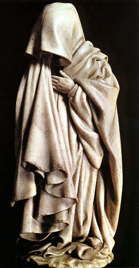 El Plorón, de Klaus Sluter (1340-1405), "suplica, ruega, pide, gime". Esta figura, de extraordinaria fuerza expresiva y belleza naturalista, es una talla magistral envuelta en pesados y ampulosos "pliegues flamencos".