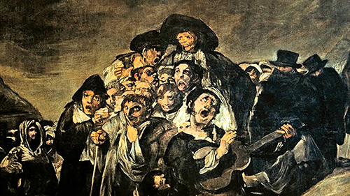 Goya, La Romería de San Isidro (Pinturas Negras): Una multitud de cantores grotescos, conforman un esperpento de seres posibles, angustiosamente hilarantes.