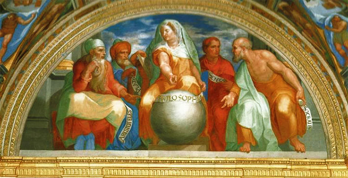 Pellegrino Tibaldi: Alegoría de la filosofía, 1527 (con las imágenes de Aristóteles, Platón, Séneca y Sócrates). Biblioteca del monasterio de El Escorial.